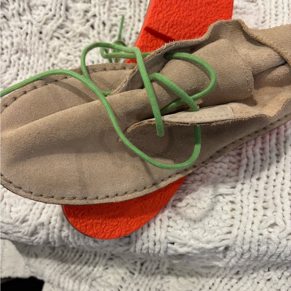 Kids Tan Tucker and Tate Swede Moccasins with Green Laces